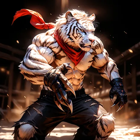 a highly muscular, athletic anthro white tiger, wearing torn jeans and no shirt, fingerless gloves, and a red bandana, in a fier...