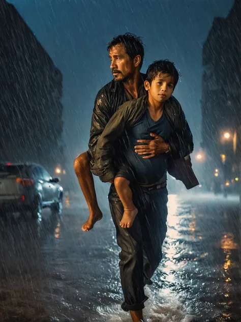 A portrait of a father carrying his sick son on his back, traversing through the stormy night and rain