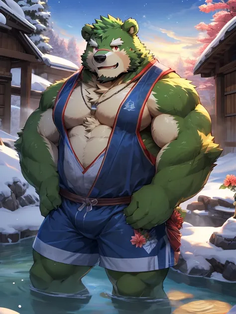 masterpiece, high quality, anime, detailed eyes, male jinpei, anthro, bear, great physique, strong arms manly, (((green bear))),...