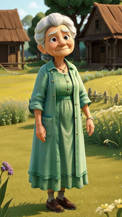 an old grandmother is grieving, she is wearing shabby clothes against the background of a green field and there is a towering phoron.