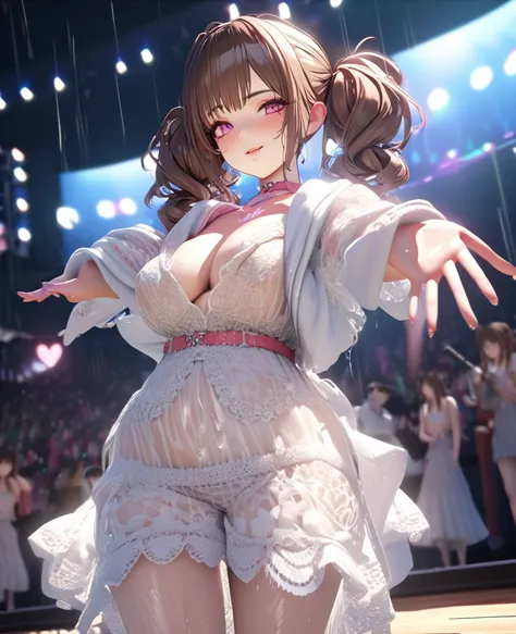 one girl, staring at the audience, beautiful pink eyes, brown hair in short twin tails, mole under eye, plump glossy lips, heart shaped choker, idol, her name is Mei, smiling, . . . 3D, realistic, idols costume was drenched in heavy rain, her chest was wet...