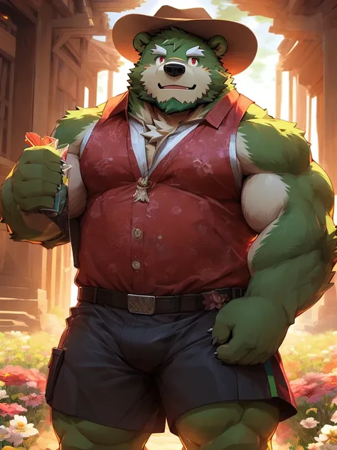 masterpiece, high quality, anime, detailed eyes, male jinpei, anthro, bear, Great physique, strong arms manly, (((green bear))), (((green fur))), green hair, beard, white eyebrows, bald, detailed red eyes, tall, Joyful, by zixiong, epic composition, Realis...