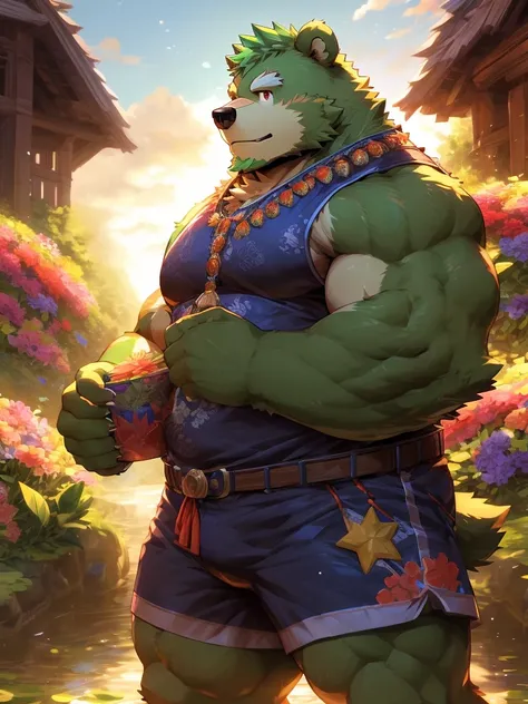 masterpiece, high quality, anime, detailed eyes, male jinpei, anthro, bear, Great physique, strong arms manly, (((green bear))), (((green fur))), green hair, beard, white eyebrows, bald, detailed red eyes, tall, Joyful, by zixiong, epic composition, Realis...