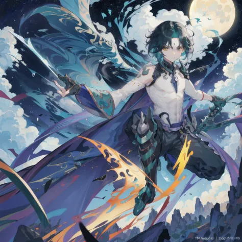 1boys，Dark green hair，Best quality at best，tmasterpiece，Extrem，yellow eyes，malefocus，beautidful eyes，There are a lot of clouds，Flowing colors，themoon，Holding a weapon taking off shirt