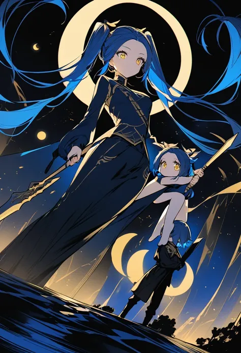 (One very tall woman,Navy Blue Hair,Her hairstyle is twin tails that expose her forehead., yellow eyes,Medium chest,Dynamic Angle)Thick Black１Color ,Black trousers,The woman is carrying a spear in one hand.,Crescent Moon Night