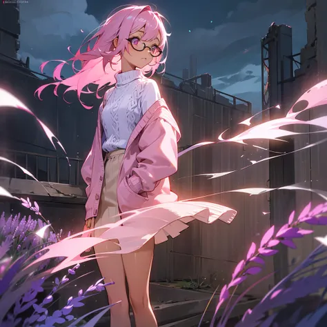 1female, young adult, tan skin, finely detailed lavander eyes, straight medium, pink hair, skirt, sweater, cardigan, standing on ruined building, night time, serious expression, glasses