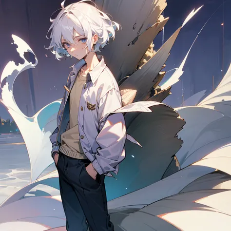 1male, adult, finely detailed lavander eyes, seashell white hair, wavy short hair, varsity jacket, loose shirt, baggy pants, standing on ruined building, night time, somber expression