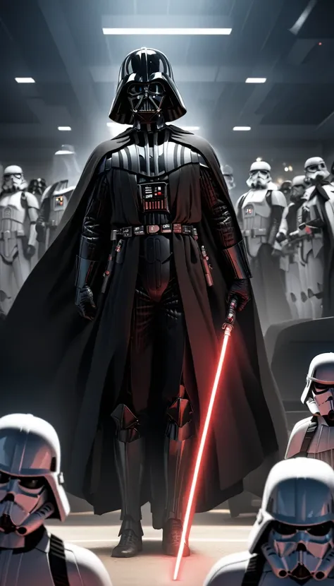 darth vader standing in front of a group of storm troopers in a room, holding lightsabe in his hands, walking across a bunch of ...