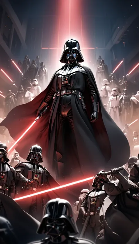 darth vader standing in front of a group of storm troopers in a room, holding lightsabe in his hands, walking across a bunch of ...