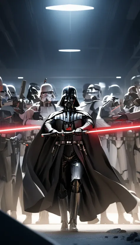 darth vader standing in front of a group of storm troopers in a room, holding lightsabe in his hands, walking across a bunch of ...