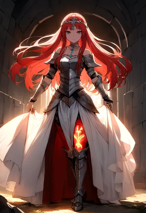 4K high resolution, one female, (((Glowing Tattoos))), long red hair, medieval princess dress and pants, armor, tiara