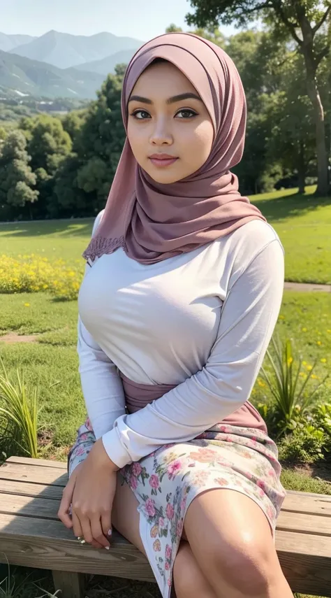 ( Close Up),RAW, Best quality, high resolution, masterpiece: 1.3), beautiful Malay woman in hijab, Masterpiece, perfect fit body, big breasts, beautiful big eyes, Soft smile, beautiful face, perfect hands, thick thighs, sitting ,woman on a wooden platform ...