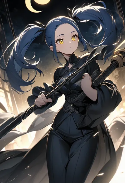 (One very tall woman,Navy Blue Hair,Her hairstyle is twin tails that expose her forehead., yellow eyes,Medium chest,Dynamic Angle)Thick Black１Color ,Black trousers,The woman is carrying a spear in one hand.,Crescent Moon Night