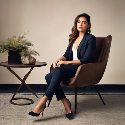 Close-up-short a woman sitting on a chair with her feet on the floor and her hands on, sitting on chair, girl in suit, sitting on a chair, girl in a suit, sitting in a chair, woman is sitting, sitting in chair, sitting on a mocha-colored table, sitting dow...