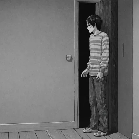 opening the door, (anime), bizarre scenario, Junji Ito, Yusuke Murata, black and white, 8k, anime, horror