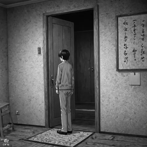 opening the door, (anime), bizarre scenario, Junji Ito, Yusuke Murata, black and white, 8k, anime, horror