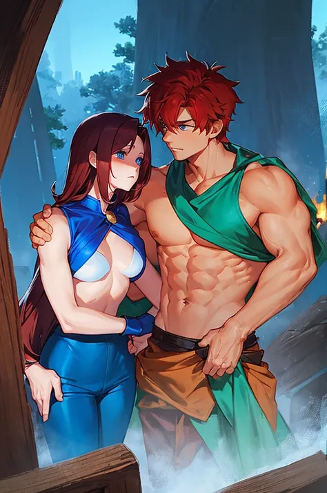 A very muscular man, with short red hair, blue eyes, shirtless and wearing blue cotton pants, crying, holding in his arms a dead woman with long brown hair and medieval clothing with a leather vest, with a green mini cape, in the location of a burning fore...