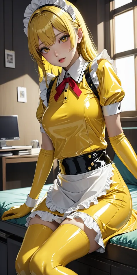 (masterpiece,Highest quality,超A high resolution),Japanese women, (((Very beautiful 25 year old girl))),(Yellow latex maid outfit)、Yellow latex long skirt、(Yellow latex long sleeve shirt)、Yellow latex long gloves、Yellow latex socks、The clothes fit snugly to...