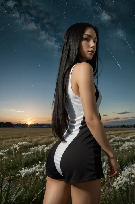 high resolution, (masterpiece:1.4), hyper-detailed, 1 young woman, long black hair, looking at sky, view from back, shooting star, white one piece clothes, grass field, night, alone