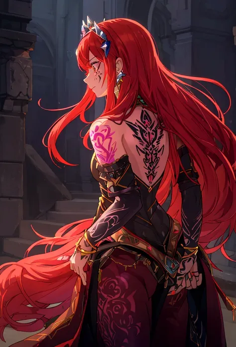 4k high resolution, one female, (((glowing tattoos))), long red hair, medieval princess dress and pants, armor, tiara