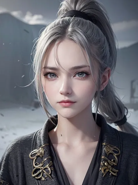 Epic, portrait, fantasy, adult Woman, warrior, (solo-girl), long gray hair, (messy hair:1.3), (ponytail:1.3), yellow eyes, narrow eyes, gray medieval overcoat, black shirt, slight smile, gray skies in the background, aesthetic, sombre, melancholy