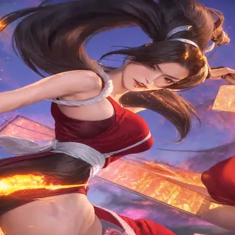 a woman in a red dress holding a sword and a fire ball, portrait of tifa lockhart, mai shiranui, tifa, bian lian, tifa lockhart portrait, akali, style artgerm, inspired by Pu Hua, irelia, portrait of chun - li, inspired by Ju Lian, tifa lockhart, portrait ...