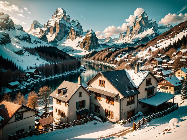 snow capped mountain々and the small house in the foreground, (raw photos),lauterbrunnen valley, switzerlandアルプス,alps mountains in...