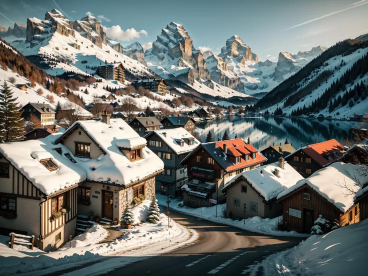 snow capped mountain々and the small house in the foreground, (raw photos),lauterbrunnen valley, switzerlandアルプス,alps mountains in...