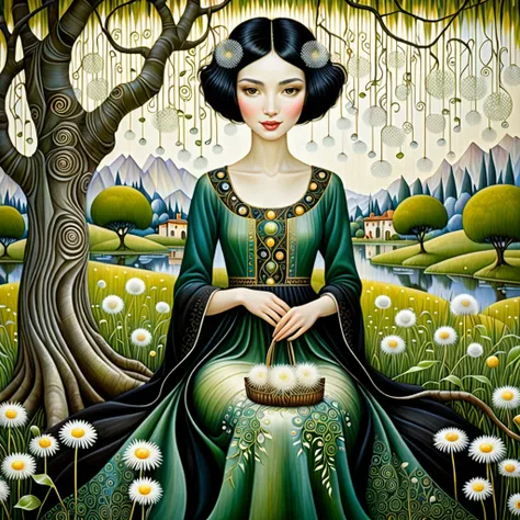 Patchwork by Klimt, Nicoletta Ceccoli, Naoto Hattori, Lawrence Didier, Leonora Carrington of EuropeanA woman with short black hair and a long, wide skirt is sitting under a large weeping willow tree and smiling. Aquilones, white dandelion flowers. intricat...