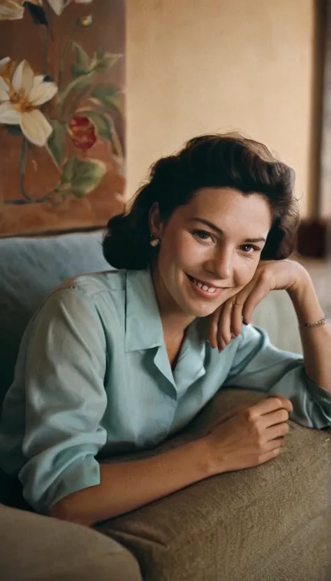 An analog photo of a woman with translucent Hgrande colors, leisurely lounging on a sofa adorned with plush pillows, 1960s kitchen with retro style at the background, 1963 50mm vintage beautiful photo, morning light, Kodak Camera, soft focus, hq, warm ligh...