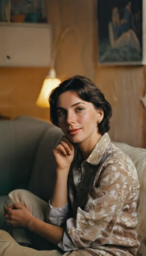 An analog photo of a woman with translucent Hgrande colors, leisurely lounging on a sofa adorned with plush pillows, 1960s kitchen with retro style at the background, 1963 50mm vintage beautiful photo, morning light, Kodak Camera, soft focus, hq, warm ligh...