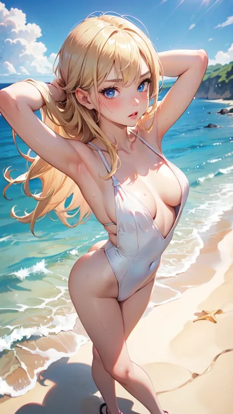 1girl, solo, elegant hair (full body: 1.1), (side at the viewer: 1.1),Piped Splice Wide Strap One Piece Swimsuit , filmg , sweet_lolita, Best quality, masterpiece, blond hair, blue eyes, Exquisite mouth,Very detailed face, blush, Shiny wet skin, Pink lips,...