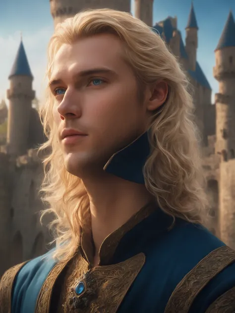 ((best quality),(masterpiece),(detailed),perfect face,a man with blond hair and blue eyes, castle behind,beautiful,(cinematic),(dramatic lighting),(digital painting),(photorealistic),(ultra-realistic),(hyper detailed),(epic),(fantasy),(cinematic compositio...