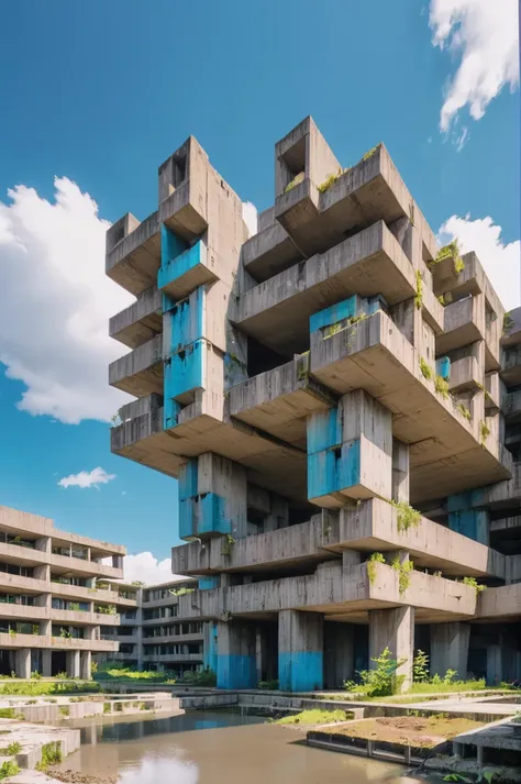 reclaimed brutalism, colorful, lake, anime style, 1boy, man, ruggedly handsome, golden hour, blue sky, clouds, scenery, in a mud...