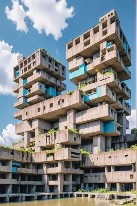 reclaimed brutalism, colorful, lake, anime style, 1boy, man, ruggedly handsome, golden hour, blue sky, clouds, scenery, in a mud...