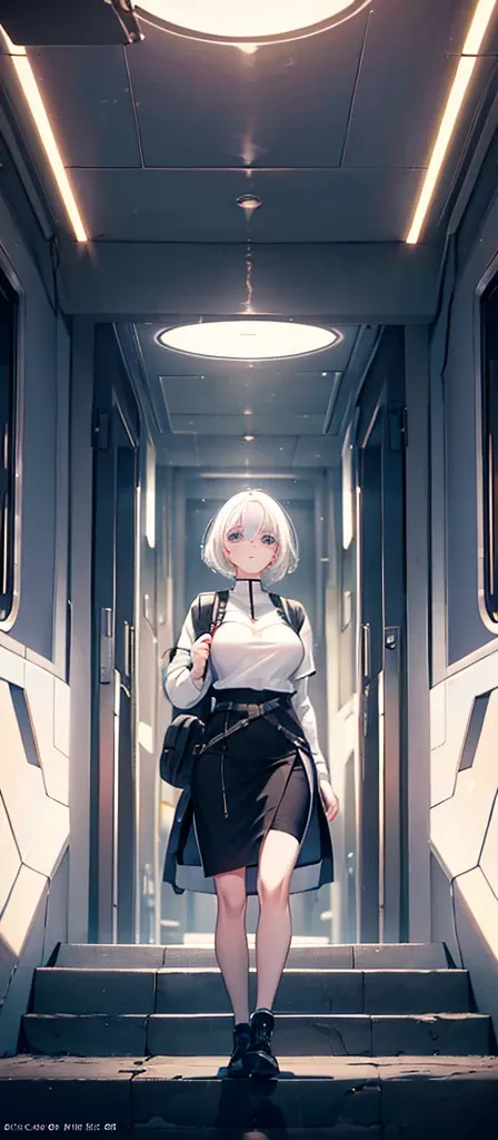 a beautiful young girl with medium-sized breasts, white hair, wearing a backpack, in a futuristic sci-fi setting, cinematic lighting, photorealistic, extremely detailed, 8k, high resolution, best quality, masterpiece