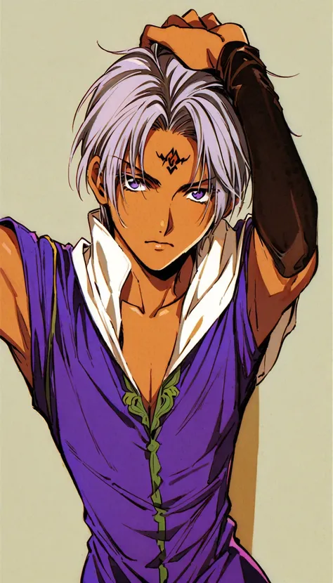 ((Highest quality)), ((masterpiece)), (((White Background))),male,(20th Generation),(Fantasy Costume),(youth),Character portrait,Gray Hair,semi-long,((Front view)),(Character details),Purple Eyes,Brown skin,Eyes on the forehead,alone,Are standing