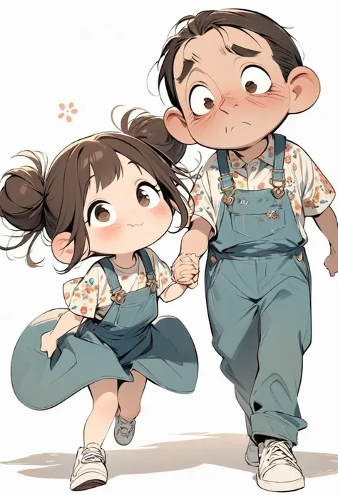 (masterpiece, best quality:1.2), cartoonish character design。Pure white background，A girl holding hands with her father, big eyes，cute expression，Two hair buns，Floral shirt，Overalls，White sneakers，stand，interesting，interesting，clean lines