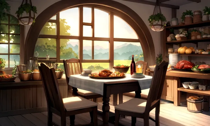 ((((masterpiece, Best Quality, High resolution)))), High detail, manga，anime，Illustrated style，Use of bright colors，Color scheme reminiscent of a daytime scene from a Ghibli studio, Medieval European fantasy worldview, long square dining table,White tablec...