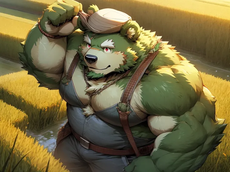 masterpiece, high quality, anime, detailed eyes, male jinpei, anthro, bear, Great physique, strong arms manly, (((green bear))), (((green fur))), green hair, beard, white eyebrows, bald, detailed red eyes, tall, Joyful, by zixiong, epic composition, Realis...