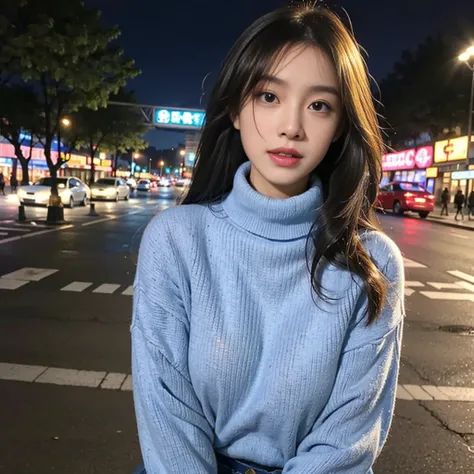 a girl, perfect face, perfect body, night city street, from front, facing to viewer, two hands in front of chests, face to face, yuppy style, blue turtleneck sweater, dark denim jeans, leather boots, elegant, Highly detailed face and skin texture, Beautifu...