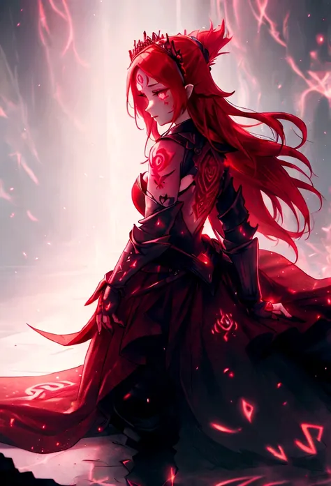 4k high resolution, one female, (((glowing tattoos))), long red hair, medieval princess dress and pants, armor, tiara