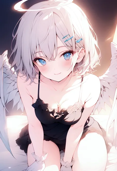 beautiful, masterpiece, Highest quality, anime, One girl, C Cup,Portrait Shot, View your viewers, Intricate details,>,((Covered、Short Hair、nearby、Blue Eyes、art、、White hair,Blue streaked hair、wallpaper、、white_gloves、hairpin、smile、Angel、Thighs、Halo、Wolf Hair...