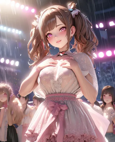 one girl, staring at the audience, beautiful pink eyes, brown hair in short twin tails, mole under eye, plump glossy lips, heart shaped choker, idol, her name is Mei, smiling, . . . 3D, realistic, idols costume was drenched in heavy rain, her chest was wet...