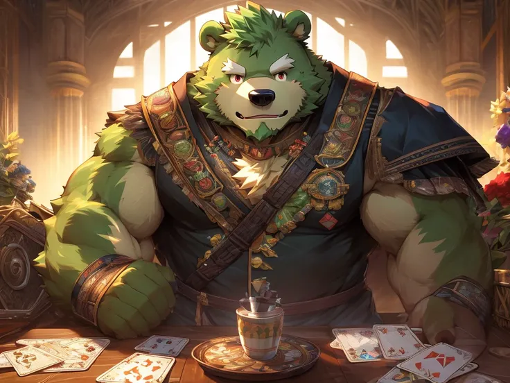 masterpiece, high quality, anime, detailed eyes, male jinpei, anthro, bear, Great physique, strong arms manly, (((green bear))), (((green fur))), green hair, beard, white eyebrows, bald, detailed red eyes, tall, Joyful, by zixiong, epic composition, Realis...