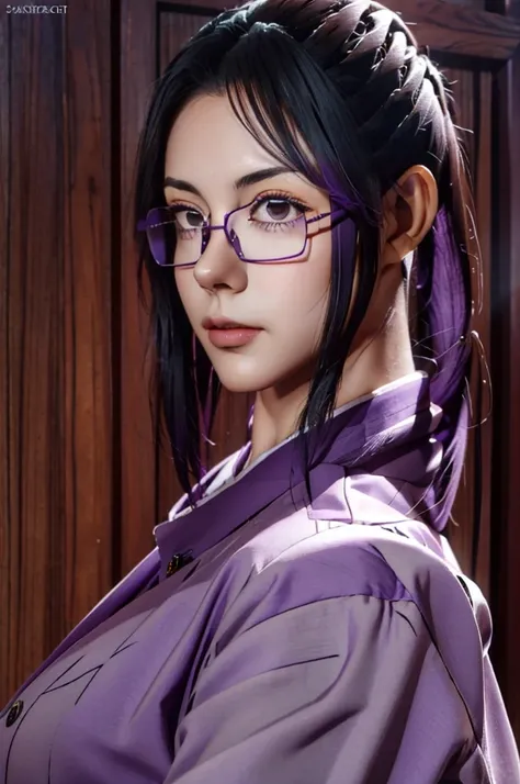 masterpiece, best quality, 1girl,,big breasts,long hair,sacramento colours hair,brown eyes,purple suiter,purple eye glasses