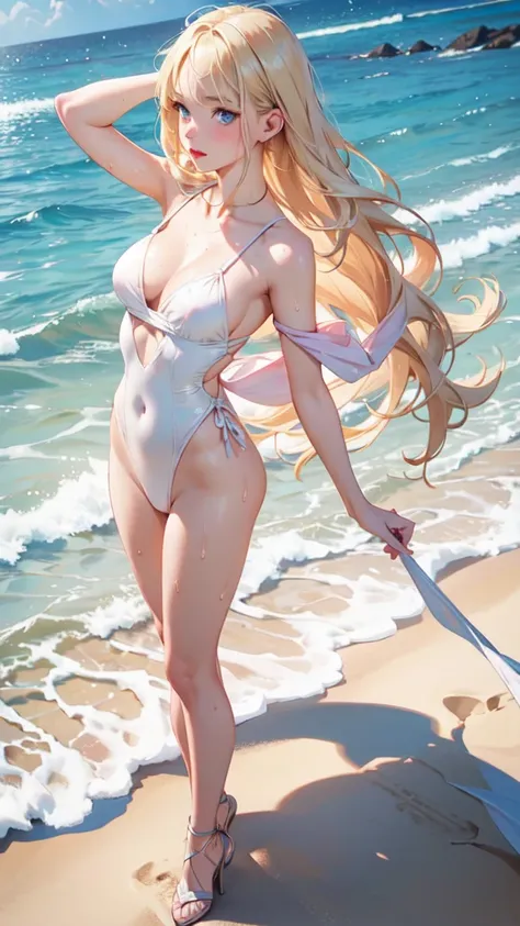 1girl, solo, elegant hair (full body: 1.1), (side at the viewer: 1.1),Piped Splice Wide Strap One Piece Swimsuit , filmg , sweet_lolita, Best quality, masterpiece, blond hair, blue eyes, Exquisite mouth,Very detailed face, blush, Shiny wet skin, Pink lips,...