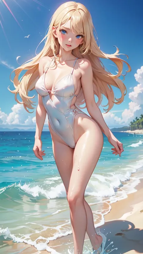 1girl, solo, elegant hair (full body: 1.1), (side at the viewer: 1.1),Piped Splice Wide Strap One Piece Swimsuit , filmg , sweet_lolita, Best quality, masterpiece, blond hair, blue eyes, Exquisite mouth,Very detailed face, blush, Shiny wet skin, Pink lips,...