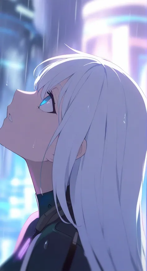 1girl,solo,look sky,cyberpunk background,rain,depth of field,blurry,close up,looking up,very long hair,white hair,glowing rain