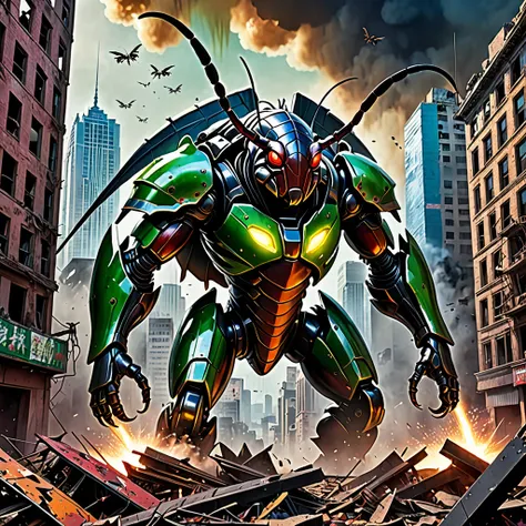 The alien city is in ruins, Omni-Man in his ripped and tattered uniform, Smeared with green blood, There is an angry look on his face, Other superheroes fighting monsters, The building collapsed、Smoke rising in the background, Vibrant color and high contra...